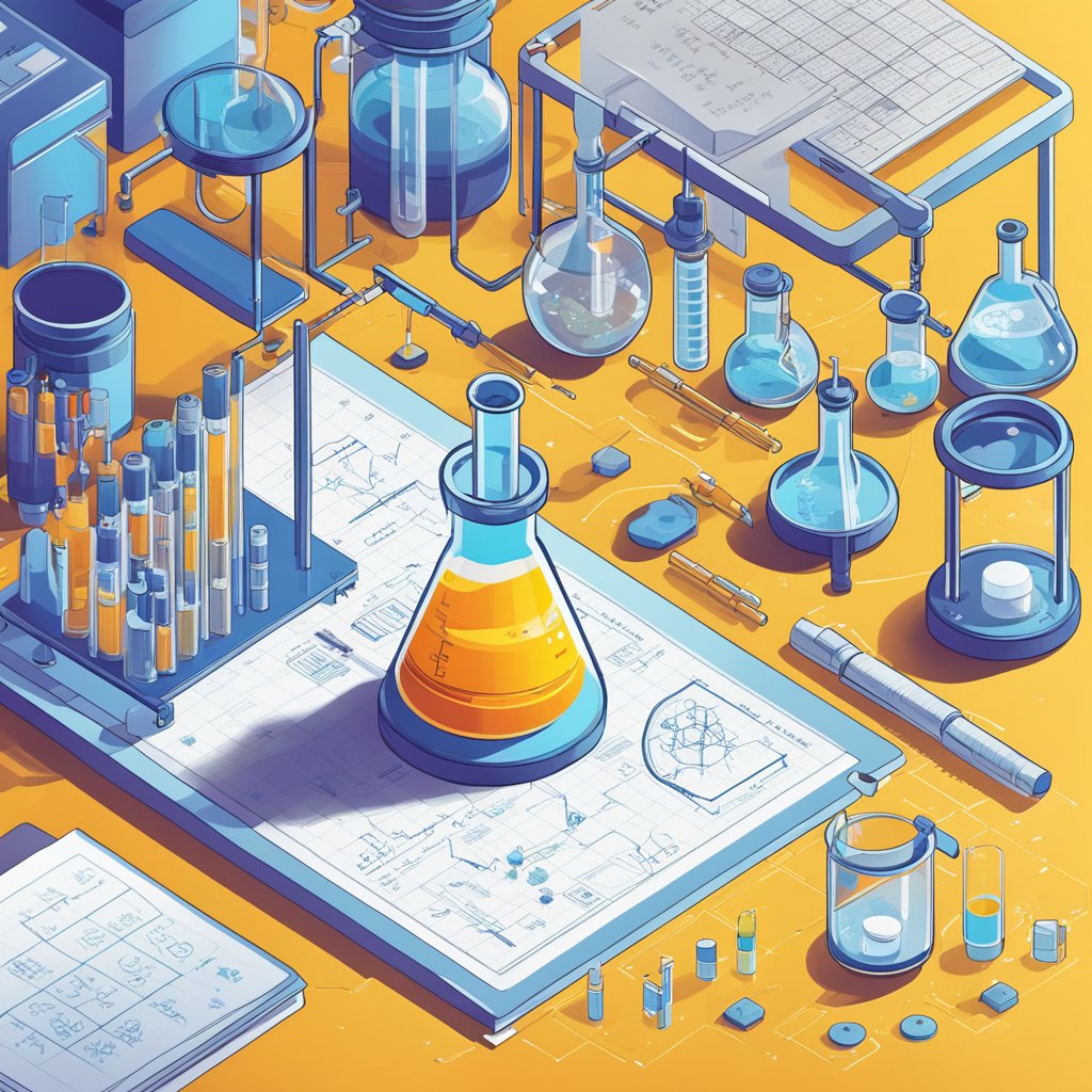 A beaker of centrophenoxine solution sits on a lab bench, surrounded by scientific equipment and notes. Chemical structures and equations are displayed on a nearby whiteboard