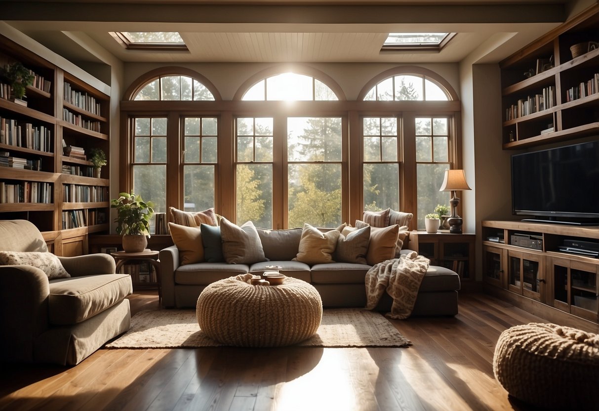 A cozy bonus room with a reading nook, bean bag chairs, and a built-in entertainment center. Sunlight streams in through large windows, illuminating the space