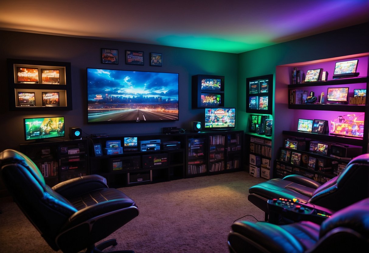 A cozy gaming room with colorful LED lights, a large flat-screen TV, comfortable gaming chairs, a collection of video game consoles, and shelves filled with game boxes and memorabilia