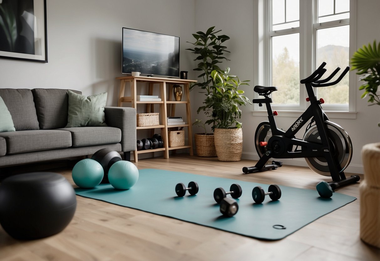 A cozy bonus room with a mini home gym: yoga mat, dumbbells, resistance bands, and a stationary bike. Plants and natural light create a welcoming atmosphere