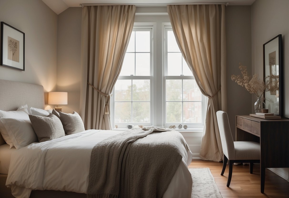 A cozy guest bedroom with a queen-sized bed, soft neutral-toned bedding, a large window with flowing curtains, a small desk with a chair, and a decorative wall art