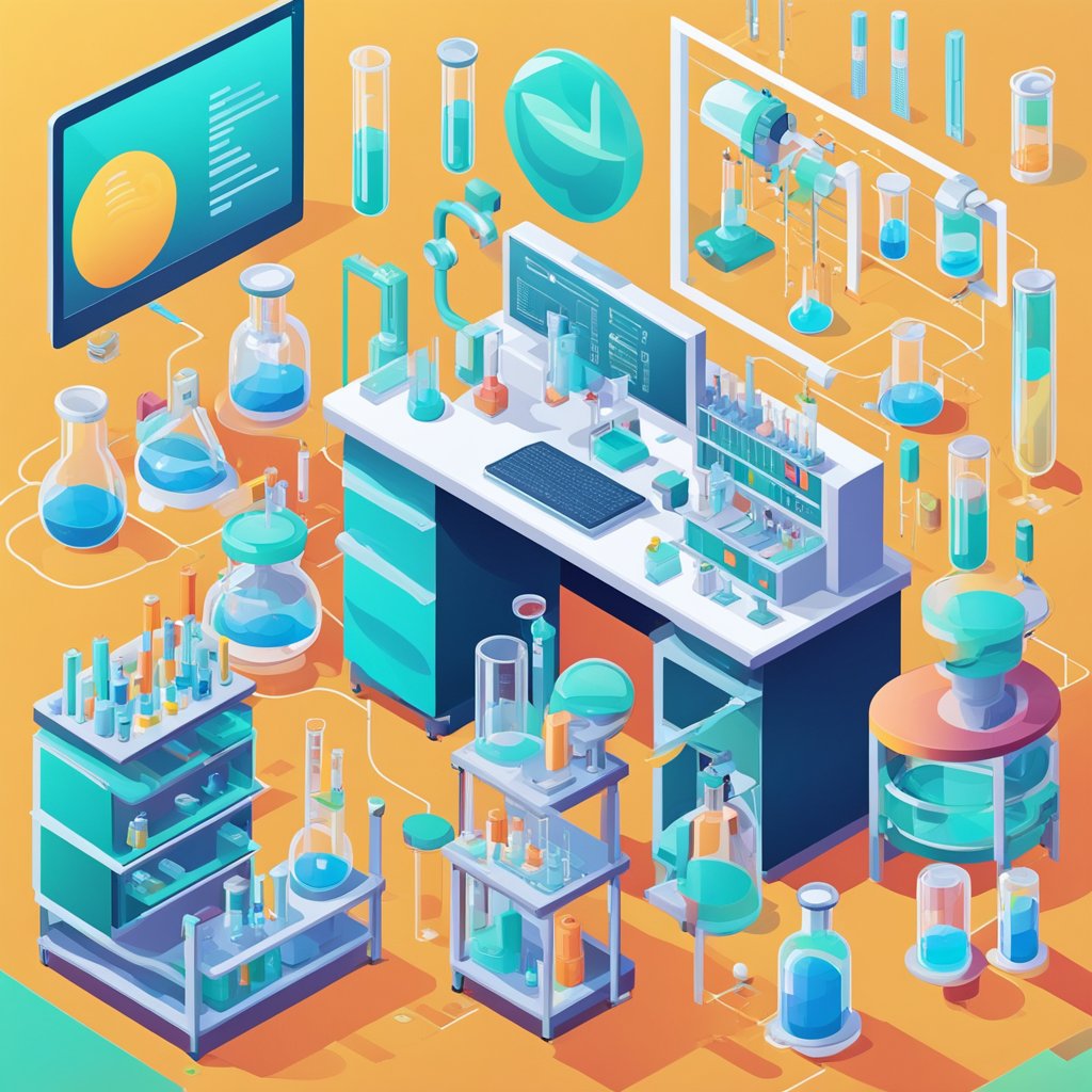 A vibrant laboratory setting with test tubes and scientific equipment, showcasing the synthesis of coluracetam