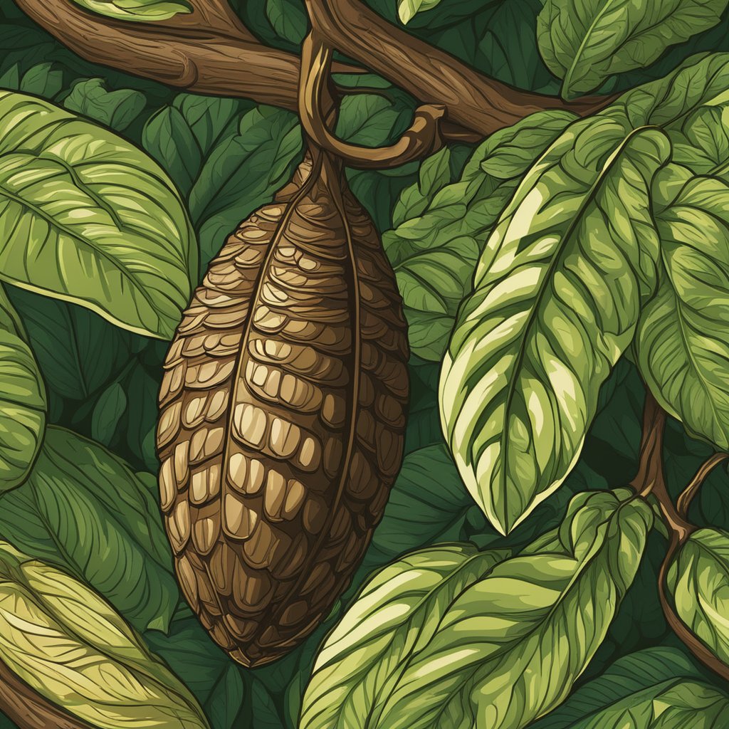 A rich, brown cacao pod hangs from a tree branch, surrounded by lush green leaves and dappled sunlight