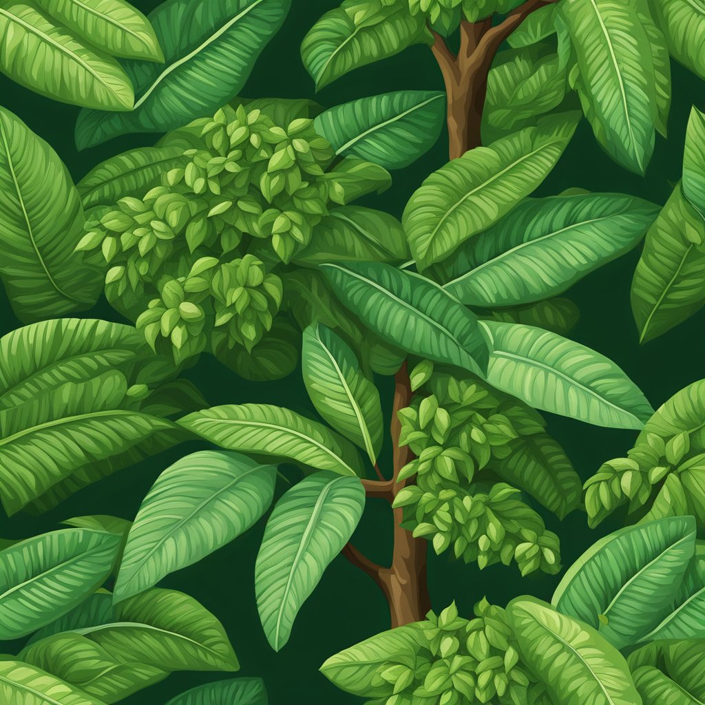 Lush cacao tree with broad leaves and vibrant green pods hanging from its branches. Rich, fertile soil surrounds the plant