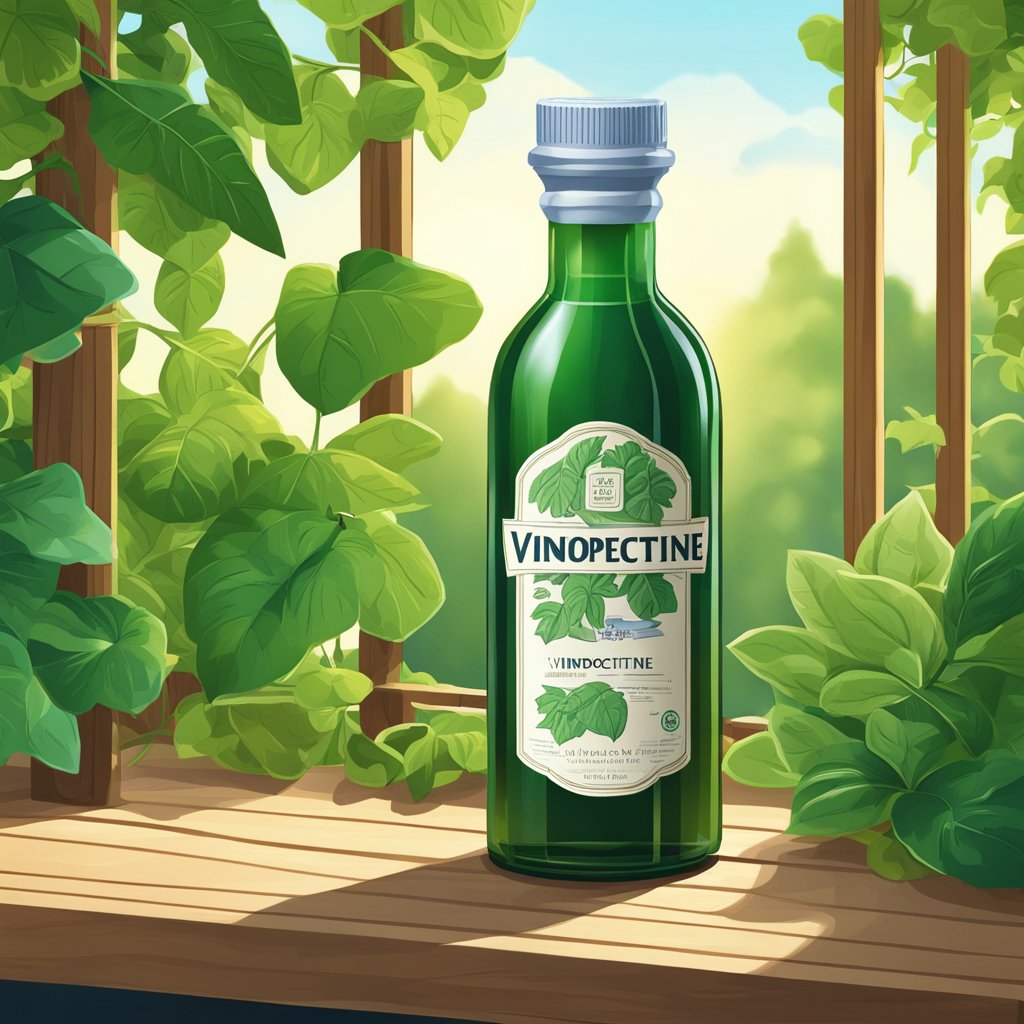 A bottle of vinpocetine sits on a wooden shelf, surrounded by greenery. Sunlight filters through the leaves, casting a warm glow on the label