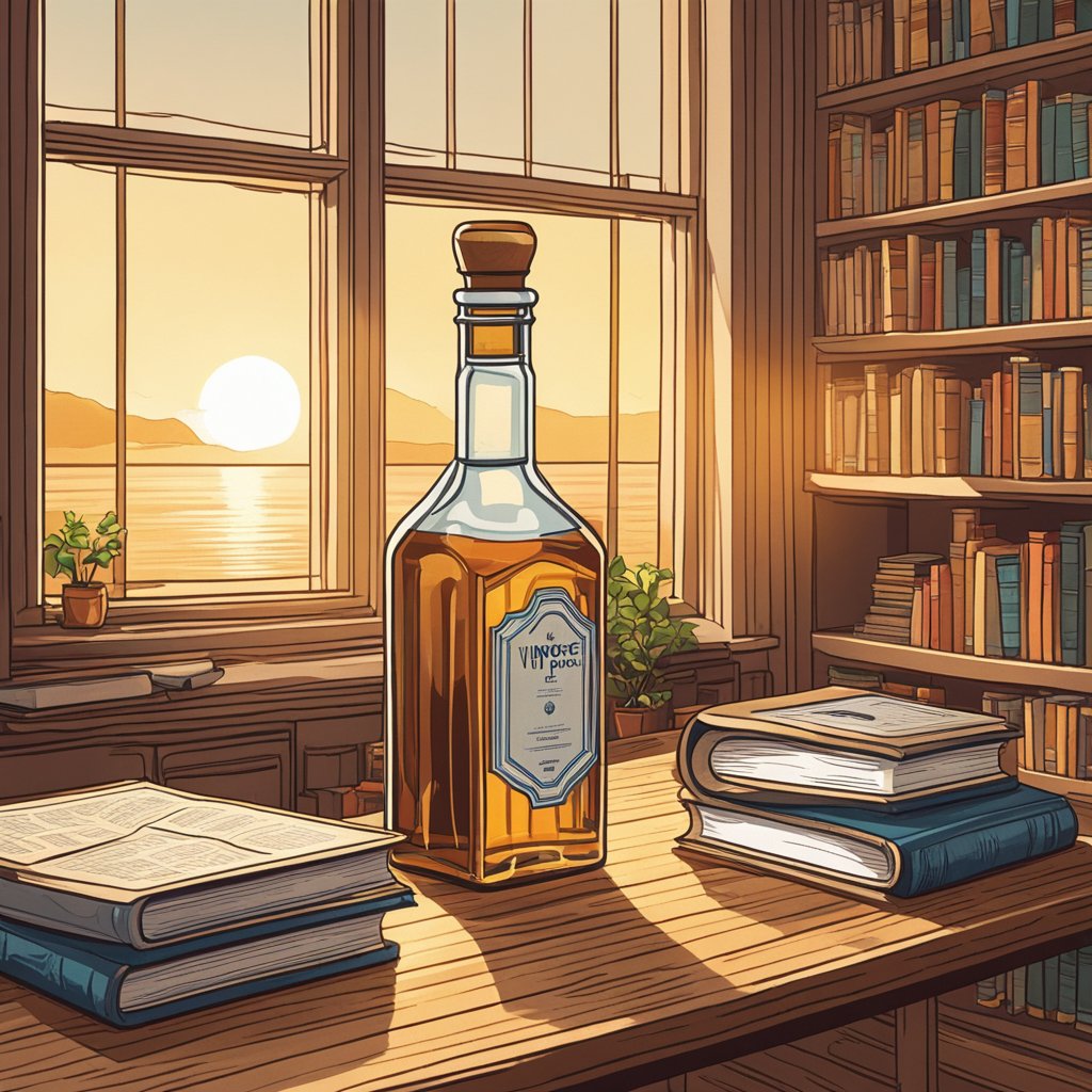 A bottle of vinpocetine sits on a wooden table next to a stack of books. Sunlight streams through a nearby window, casting a warm glow on the scene