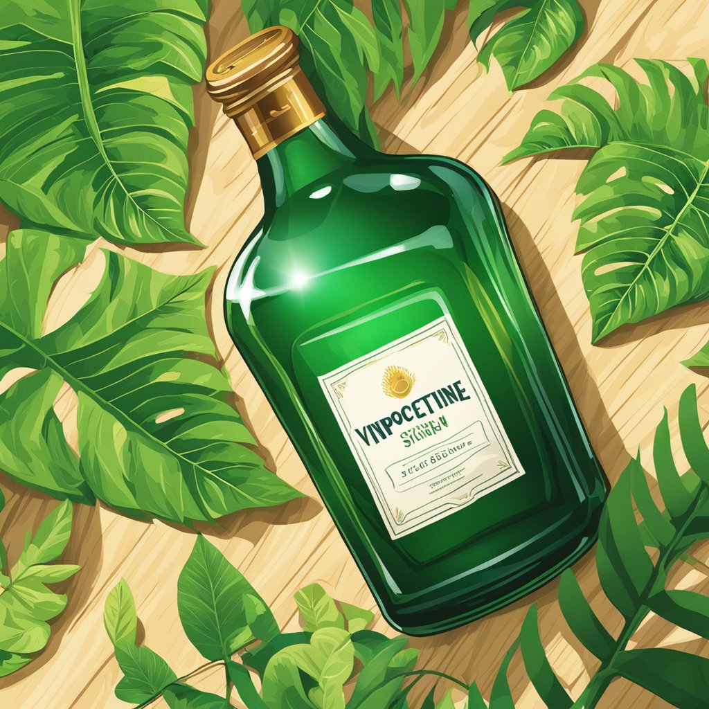 A bottle of vinpocetine sits on a wooden table, surrounded by vibrant green leaves and a ray of sunlight shining down on it