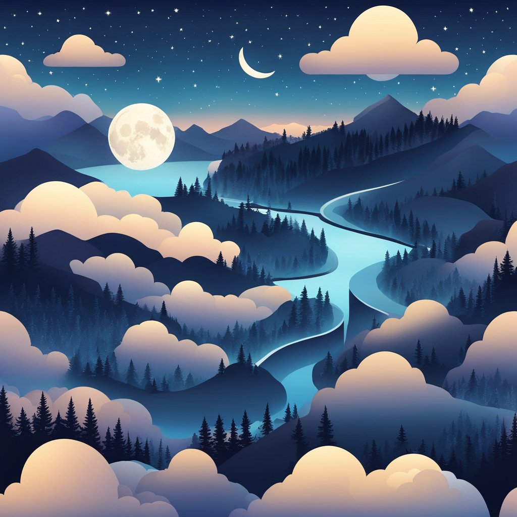 A serene night sky with a crescent moon shining down on a peaceful landscape. A calm and tranquil atmosphere with a sense of rest and relaxation