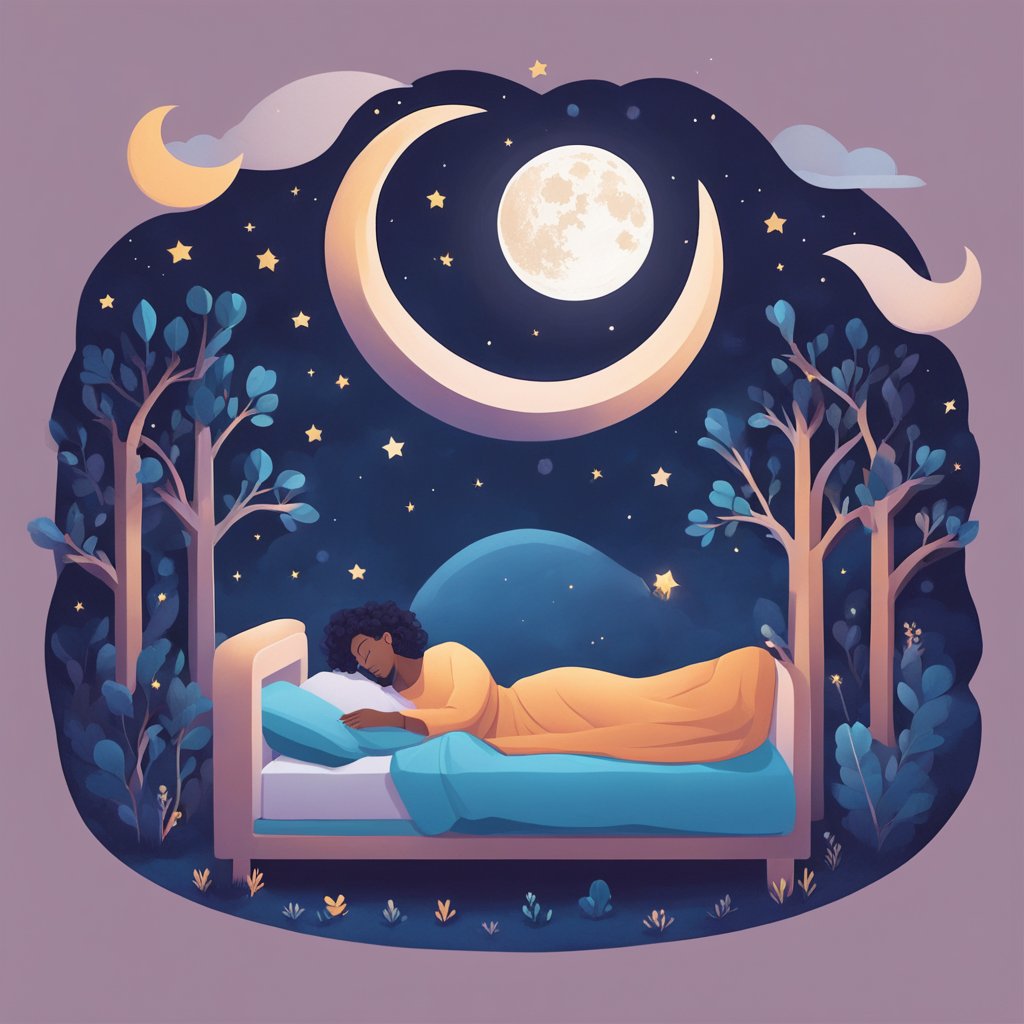 A serene night sky with a crescent moon, a peaceful sleeping environment, and a contented individual waking up with a smile