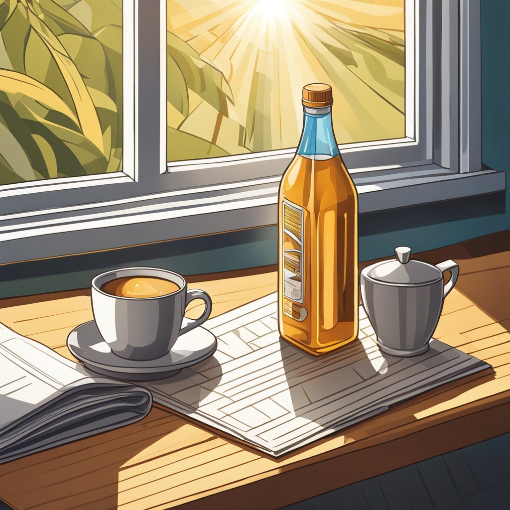 A bottle of Sam-e and a cup of caffeine sit on a table. Rays of morning sunlight filter through the window, casting a warm glow on the scene