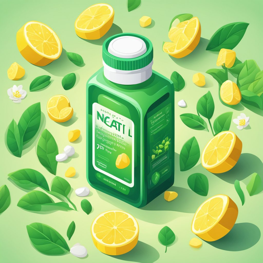 A bottle of n-acetyl l-tyrosine supplements surrounded by natural elements like green tea leaves, a sunbeam, and a brain illustration