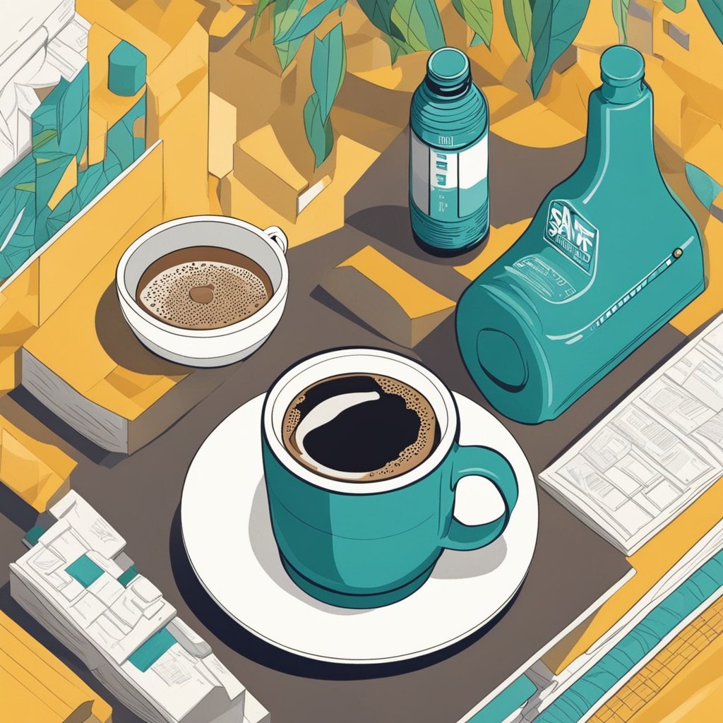 A bottle of SAM-e sits next to a cup of coffee, suggesting the potential interaction between SAM-e and caffeine on mental health