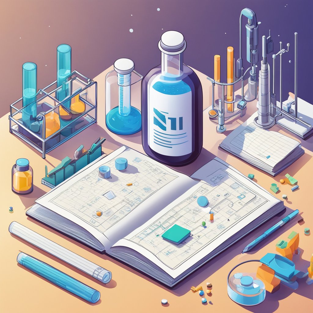 A bottle of N-Acetyl L-Tyrosine sits on a laboratory table, surrounded by scientific equipment and a notebook filled with research notes