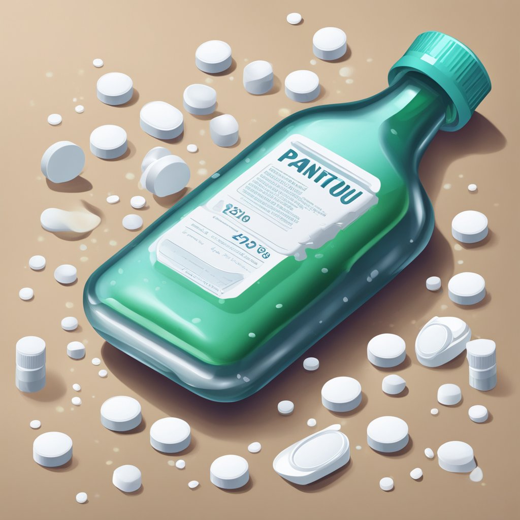 A bottle of pantothenic acid spills, scattering white tablets across a tabletop. A measuring spoon lies next to it, filled with an excessive 500 mg dose