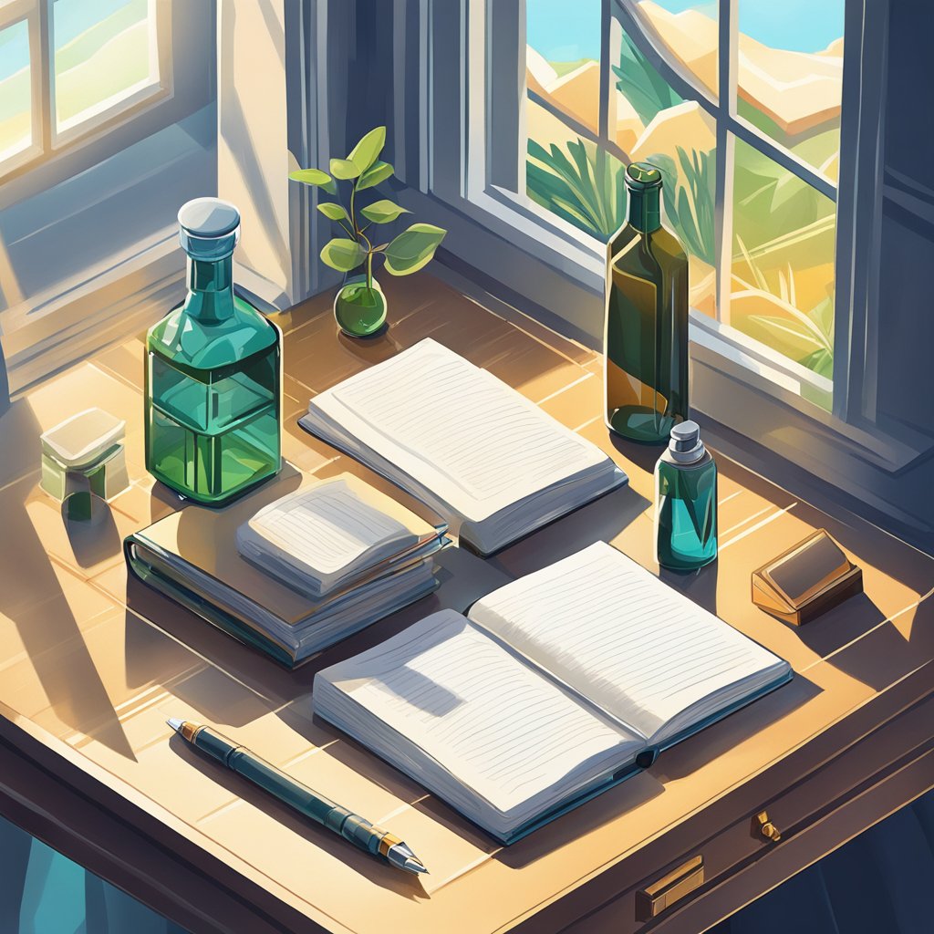 A desk with open notebook, pen, and bottle of Qualia Mind. Sunlight streams in through a window, casting a warm glow on the scene