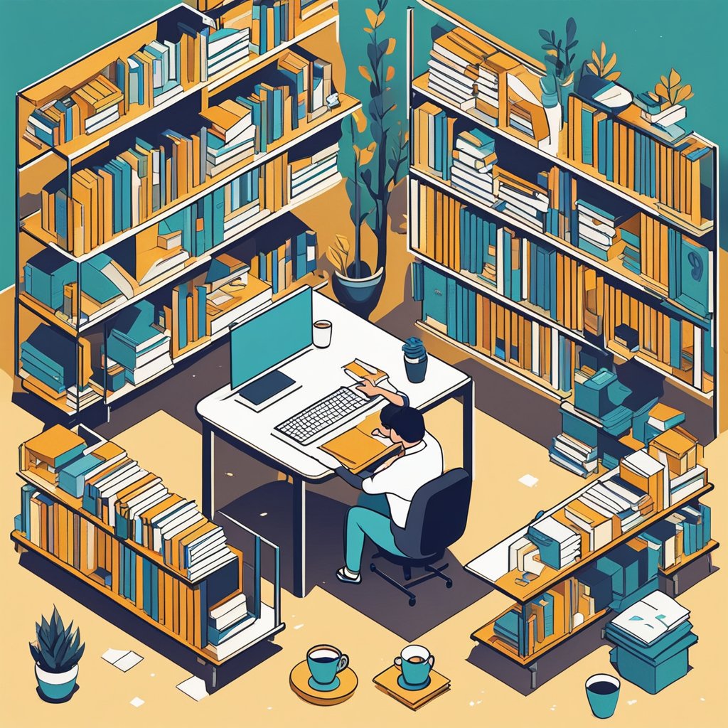 A serene, open space with a focused individual surrounded by books, a laptop, and a cup of coffee, deep in thought