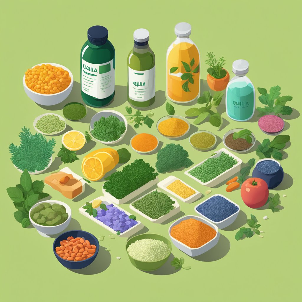 A table scattered with various ingredients, including herbs, vitamins, and minerals, with a bottle of Qualia Mind prominently displayed