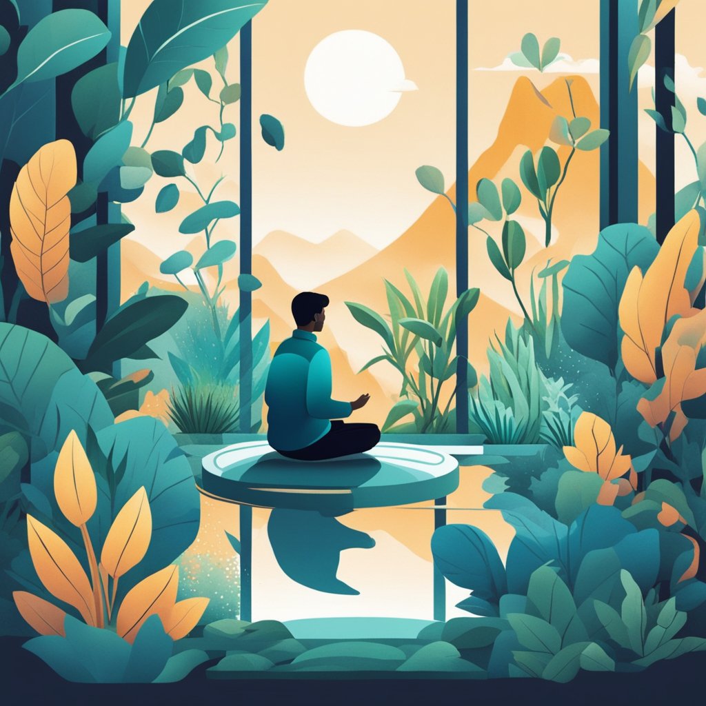 A serene natural setting with a person's silhouette meditating, surrounded by calming elements like plants and natural light. A bottle of nootropics sits nearby, symbolizing their role in anxiety management