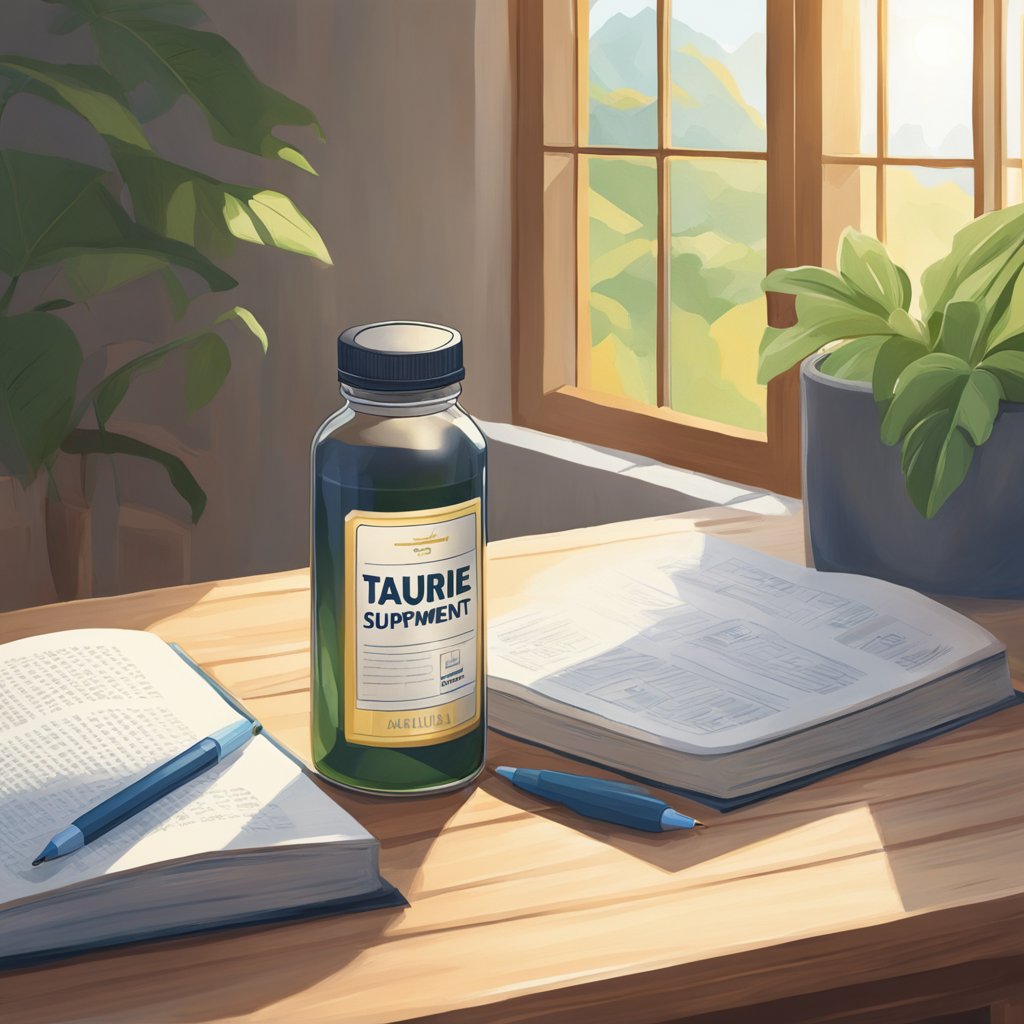 A bottle of taurine supplements sits on a wooden table, next to a glass of water and a journal. The room is calm and peaceful, with soft natural light streaming in through the window