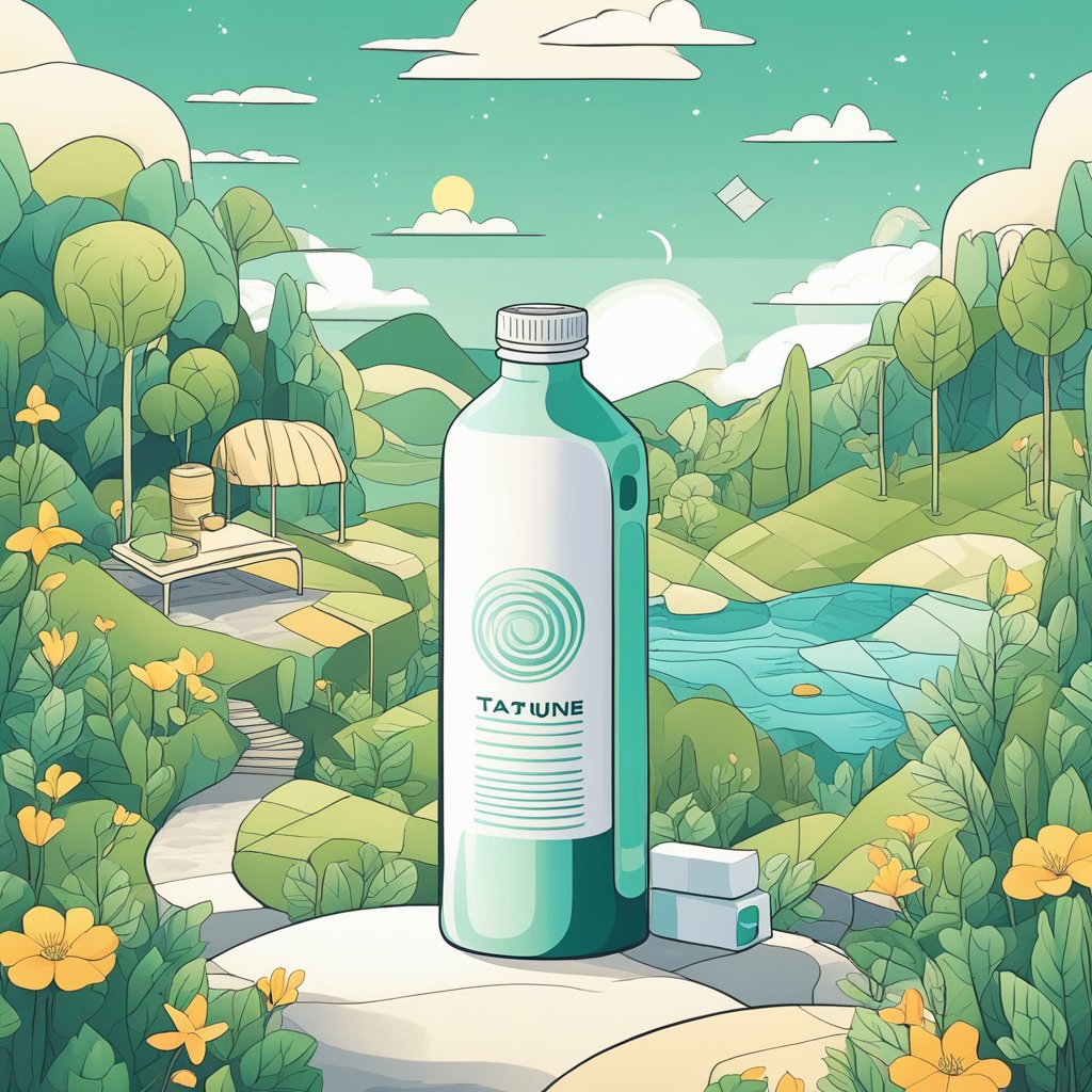 A serene environment with a bottle of taurine supplements, a calm setting, and a sense of relief