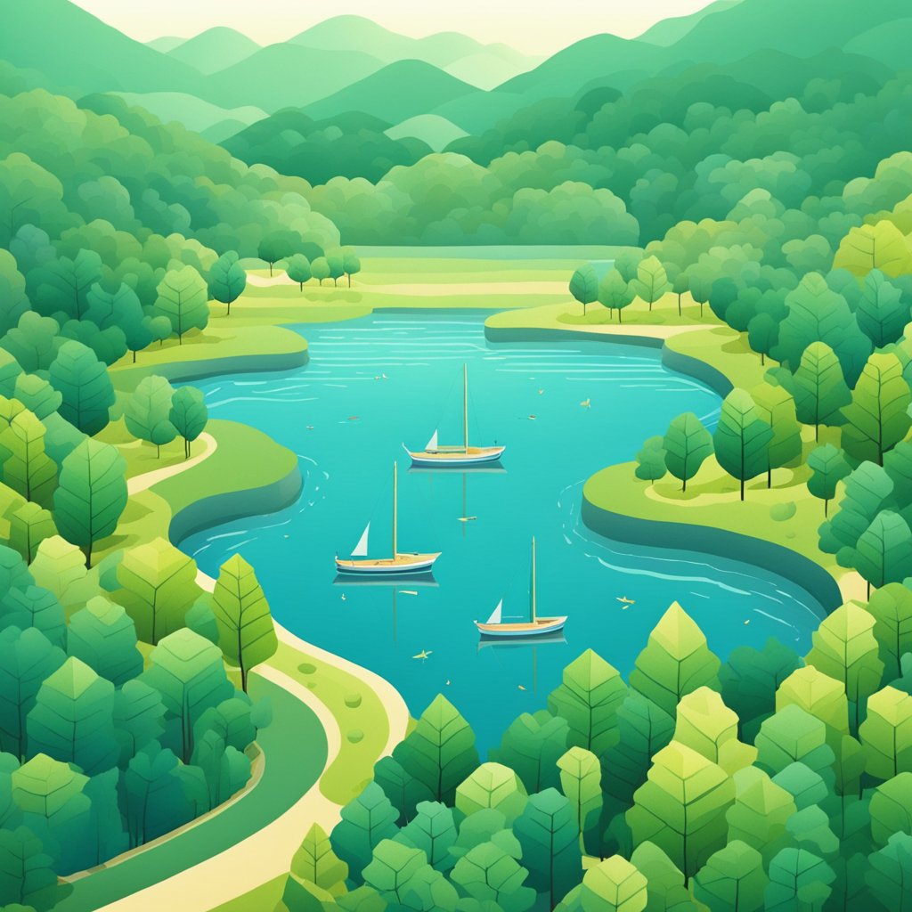A serene landscape with a calm, clear sky and a peaceful body of water, surrounded by lush greenery and wildlife, evoking a sense of tranquility and relaxation