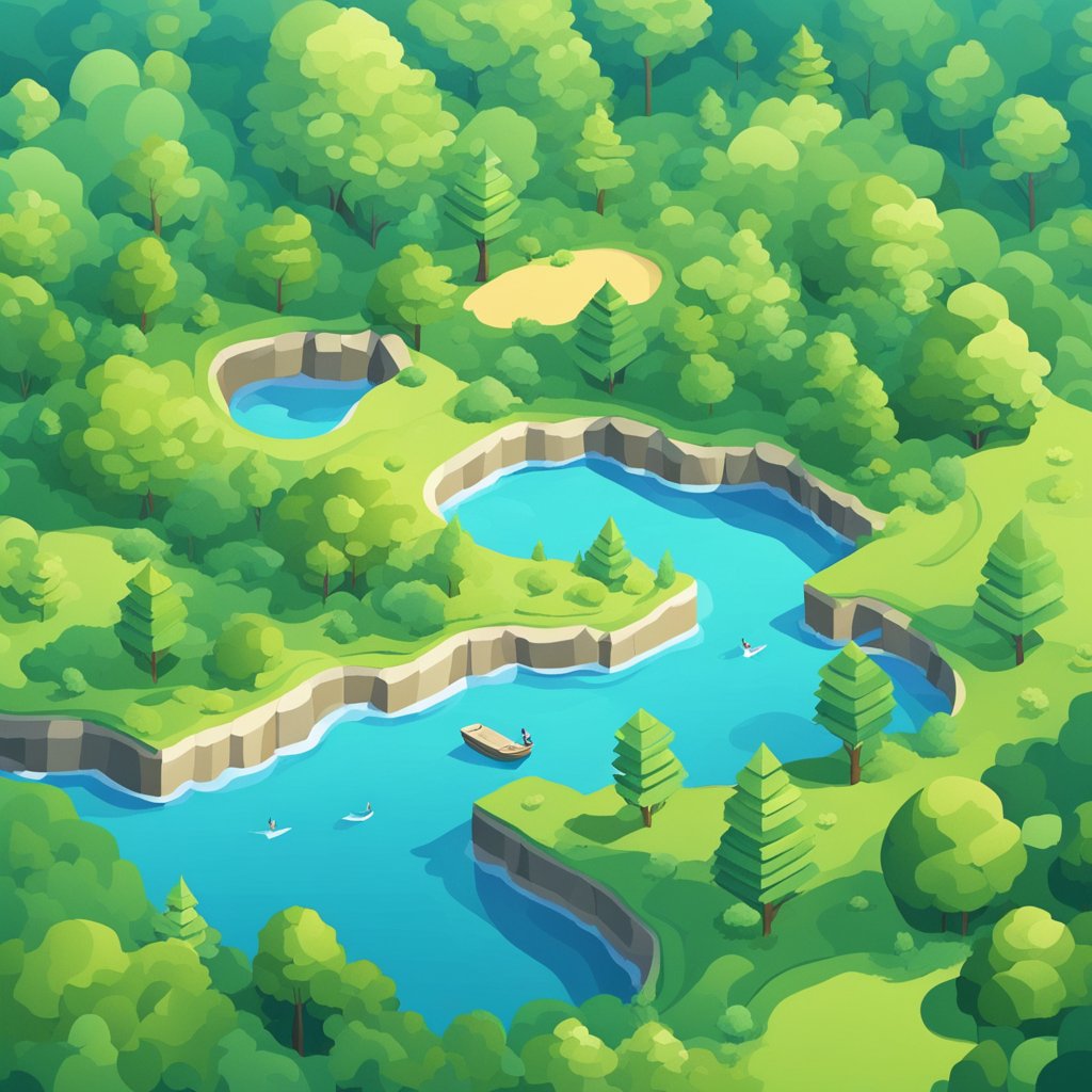 A serene landscape with a clear blue sky, a calm body of water, and vibrant greenery, conveying a sense of peace and tranquility