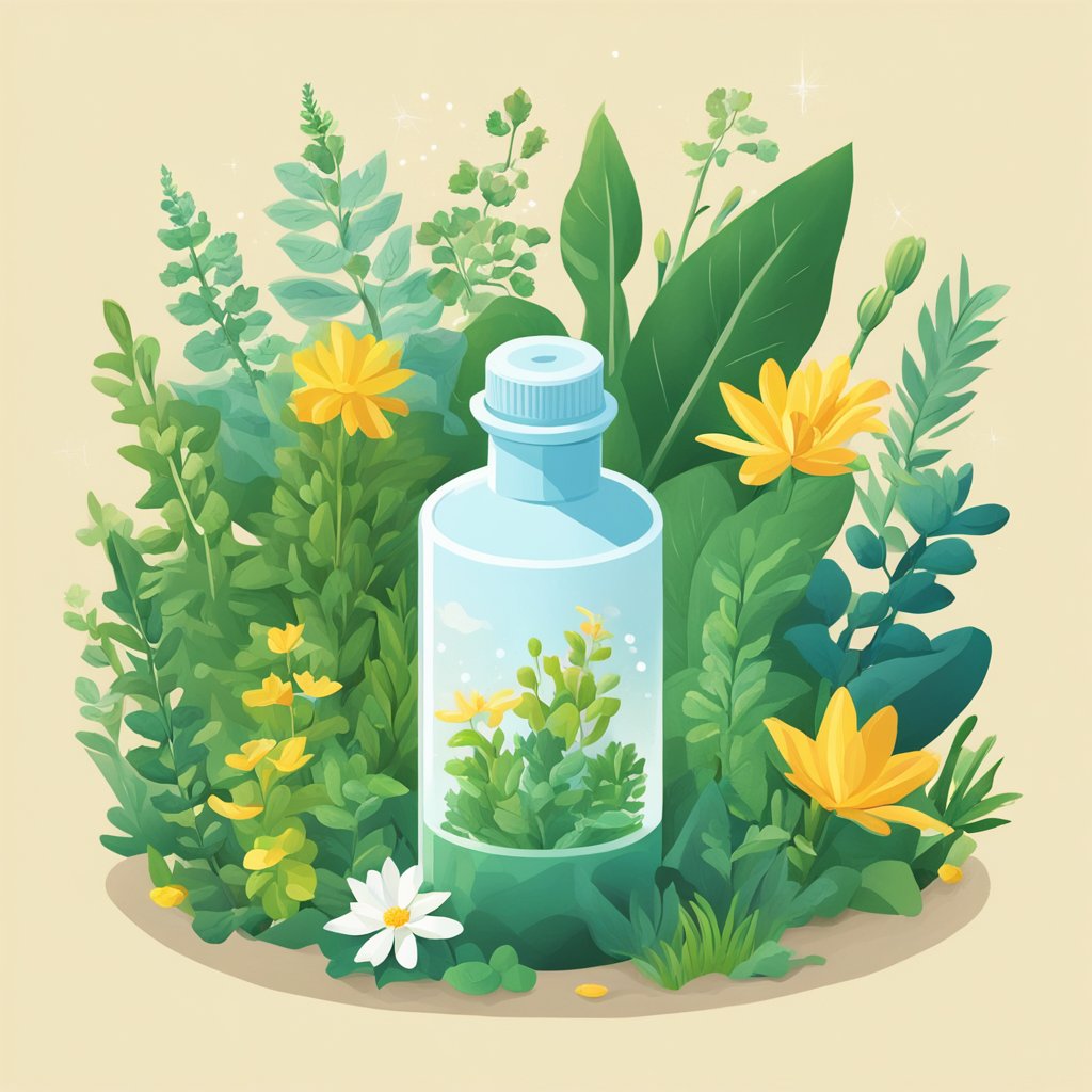 Aniracetam bottle surrounded by various plants and herbs, with a beam of light shining down on it
