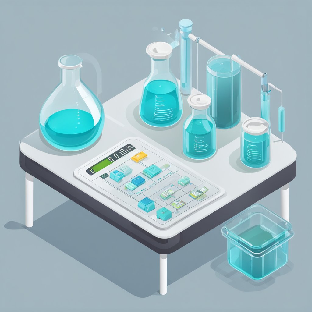 A laboratory table with two containers labeled "lithium orotate" and "lithium carbonate" next to a set of scales and a beaker of clear liquid