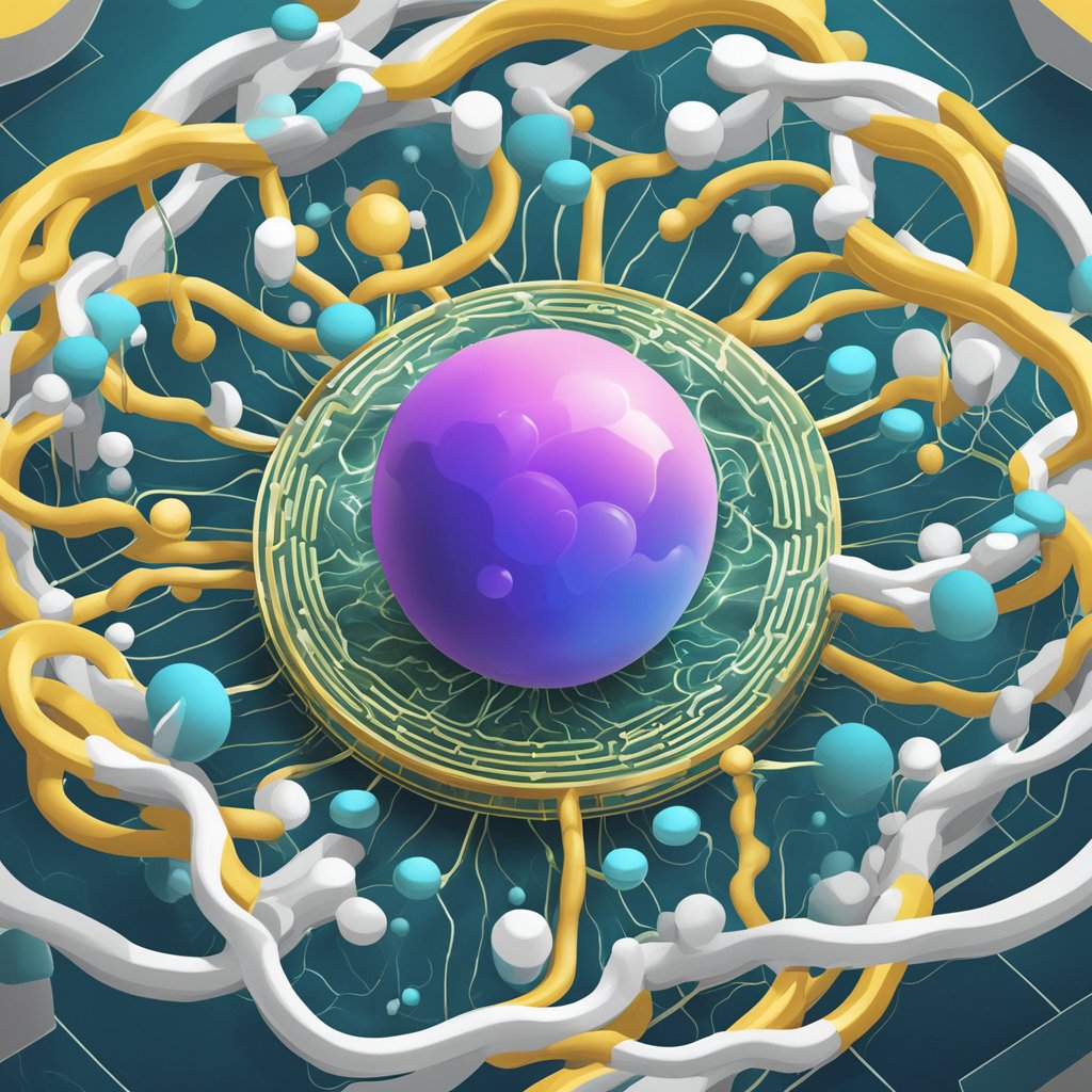 A glowing molecule of Uridine Monophosphate surrounded by swirling energy, radiating a sense of vitality and well-being