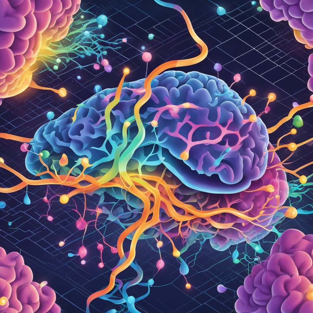 A colorful brain with synaptic connections lighting up, surrounded by Uridine molecules