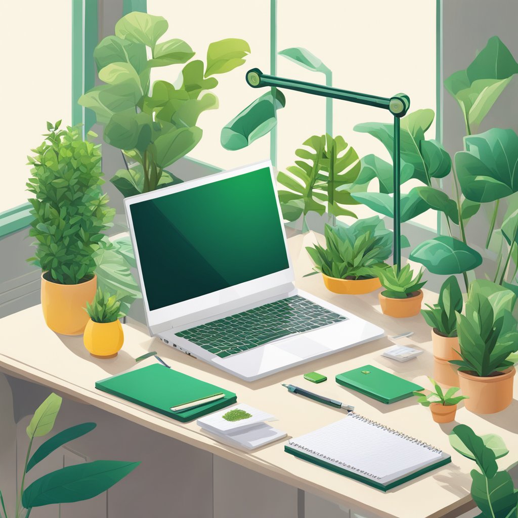 A clutter-free desk with a bottle of Mind Lab Pro, a laptop, and a notepad surrounded by green plants and natural light