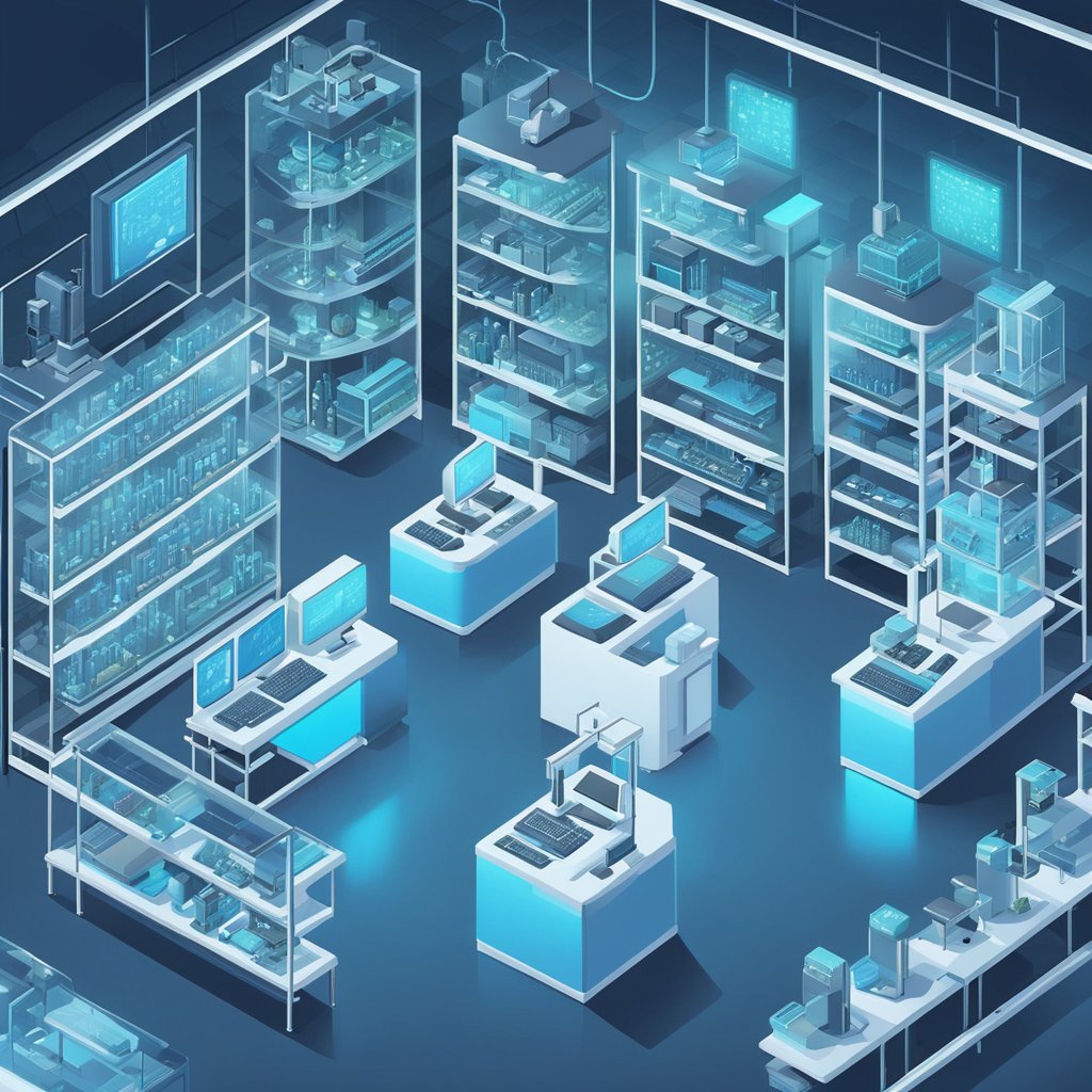 A sleek, modern laboratory with rows of glowing computer screens and shelves of neatly organized scientific equipment. The room is filled with a soft, blue light, creating a calm and focused atmosphere