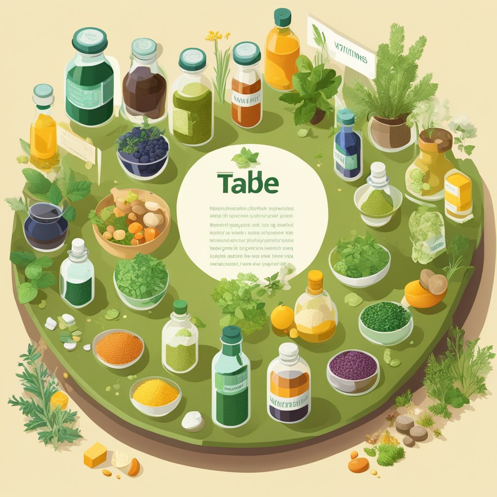 A table with open bottles of various natural ingredients, such as herbs, vitamins, and minerals, with labels displaying their benefits