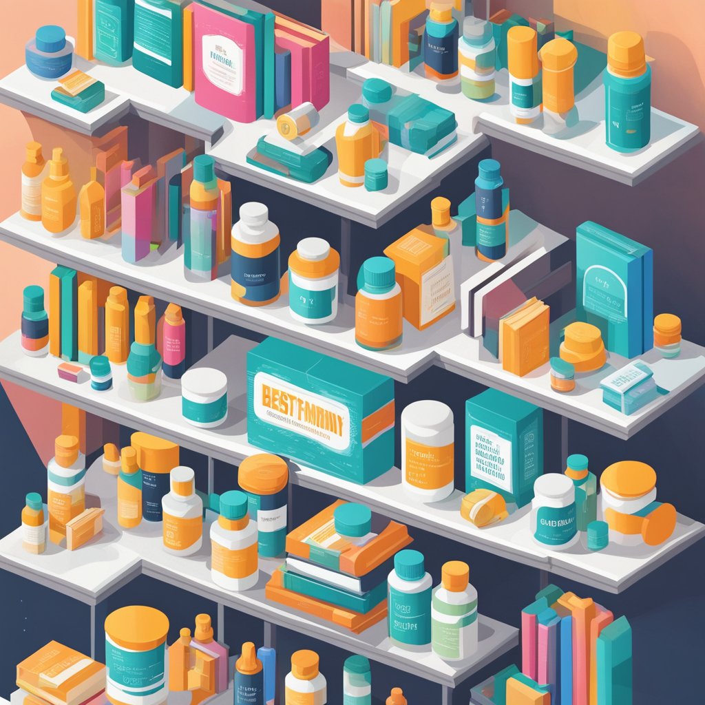 A shelf filled with various nootropic supplements, bottles labeled "best for memory", surrounded by books and a brain-shaped model