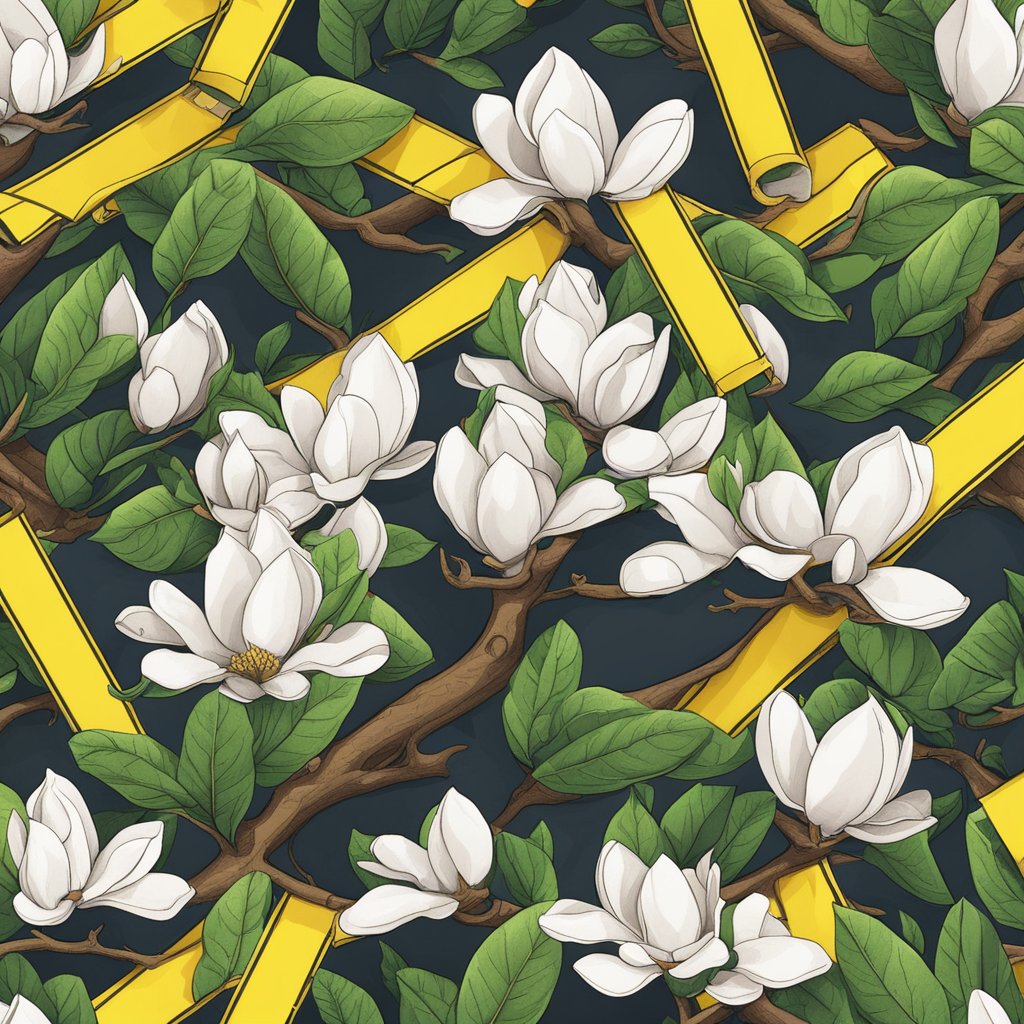 A magnolia tree branch with leaves and bark, surrounded by warning signs and caution tape