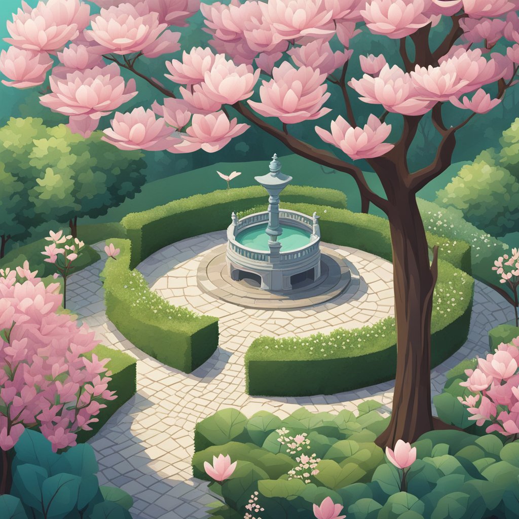 A serene garden with a magnolia tree shedding its bark, surrounded by calming herbs and a peaceful atmosphere