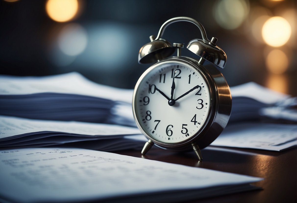 A clock ticking next to a stack of public procurement documents, with a calendar showing deadlines looming in the background