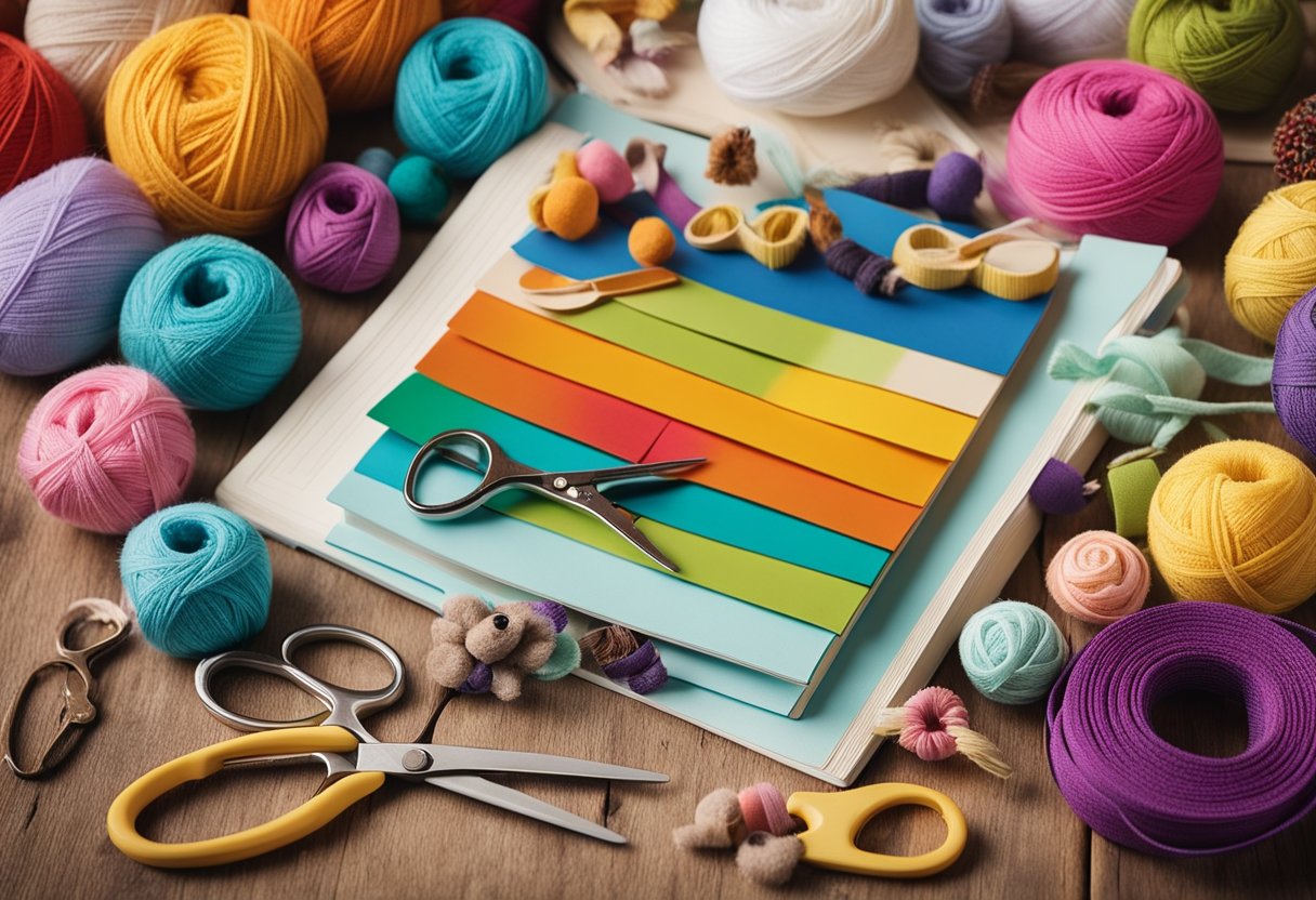 A table with colorful fabrics, scissors, thread, and dog toys. A book titled "Adorable DIYs for Dogs and Dog Lovers" open to a page on design ideas