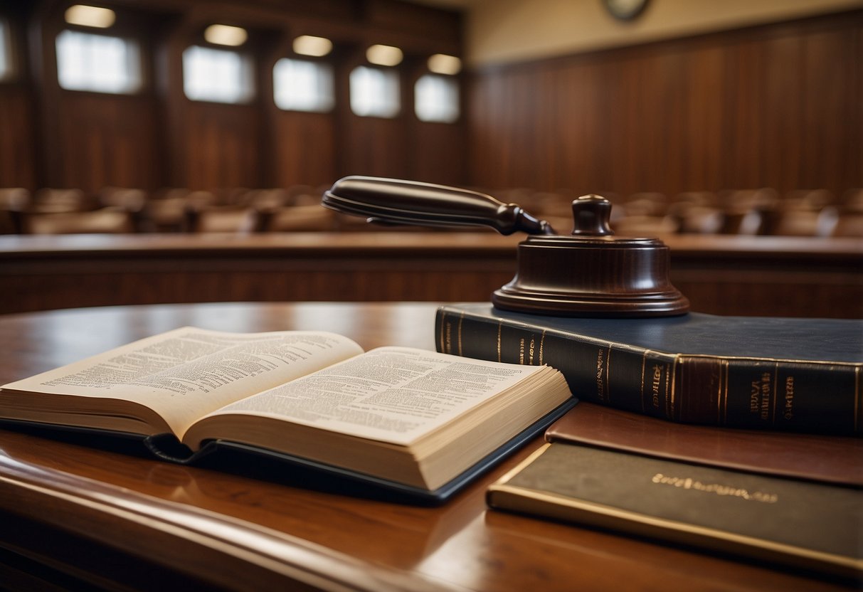 A courtroom with legal texts and references on a desk