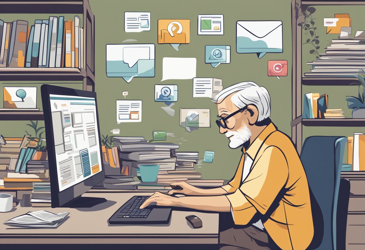 An elderly person sitting at a computer, surrounded by social media and email marketing materials. A puzzled expression on their face as they try to understand affiliate marketing