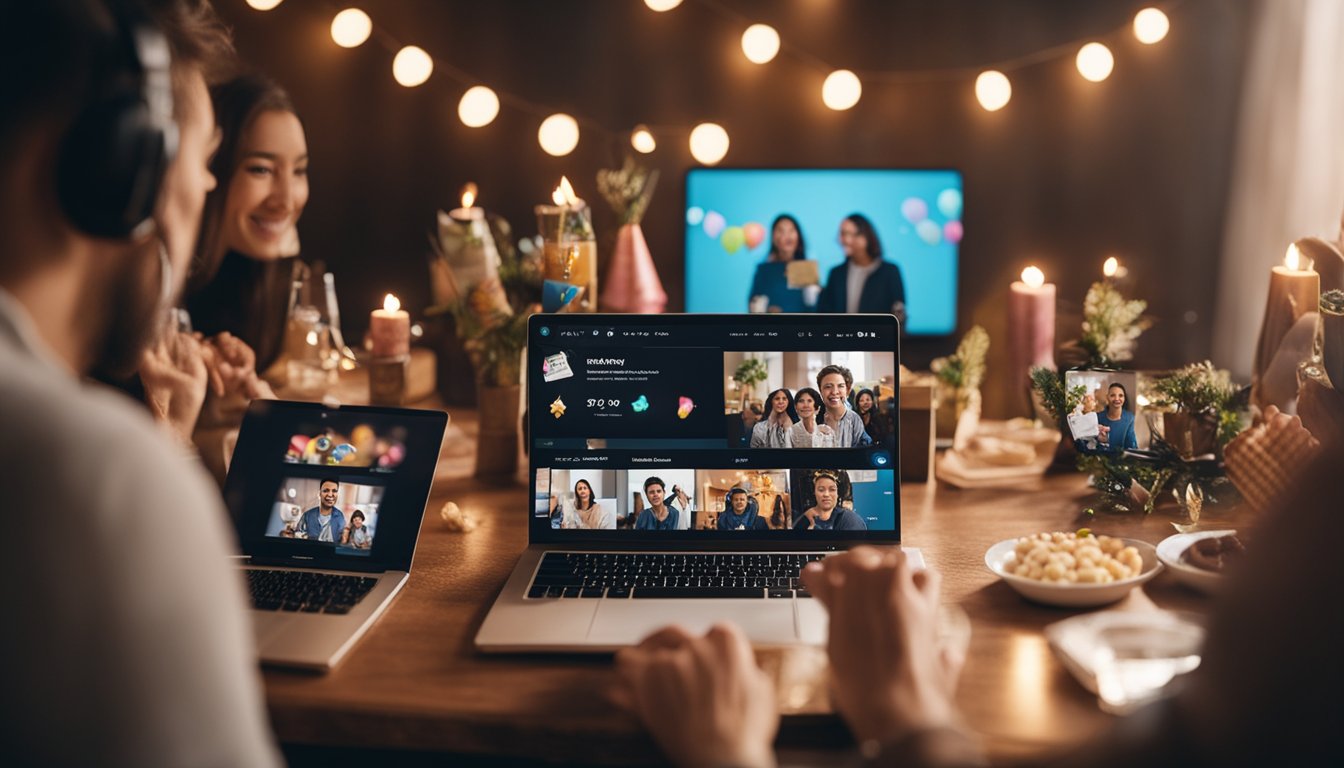 A virtual birthday party with friends on a video call, featuring games, decorations, and a birthday cake