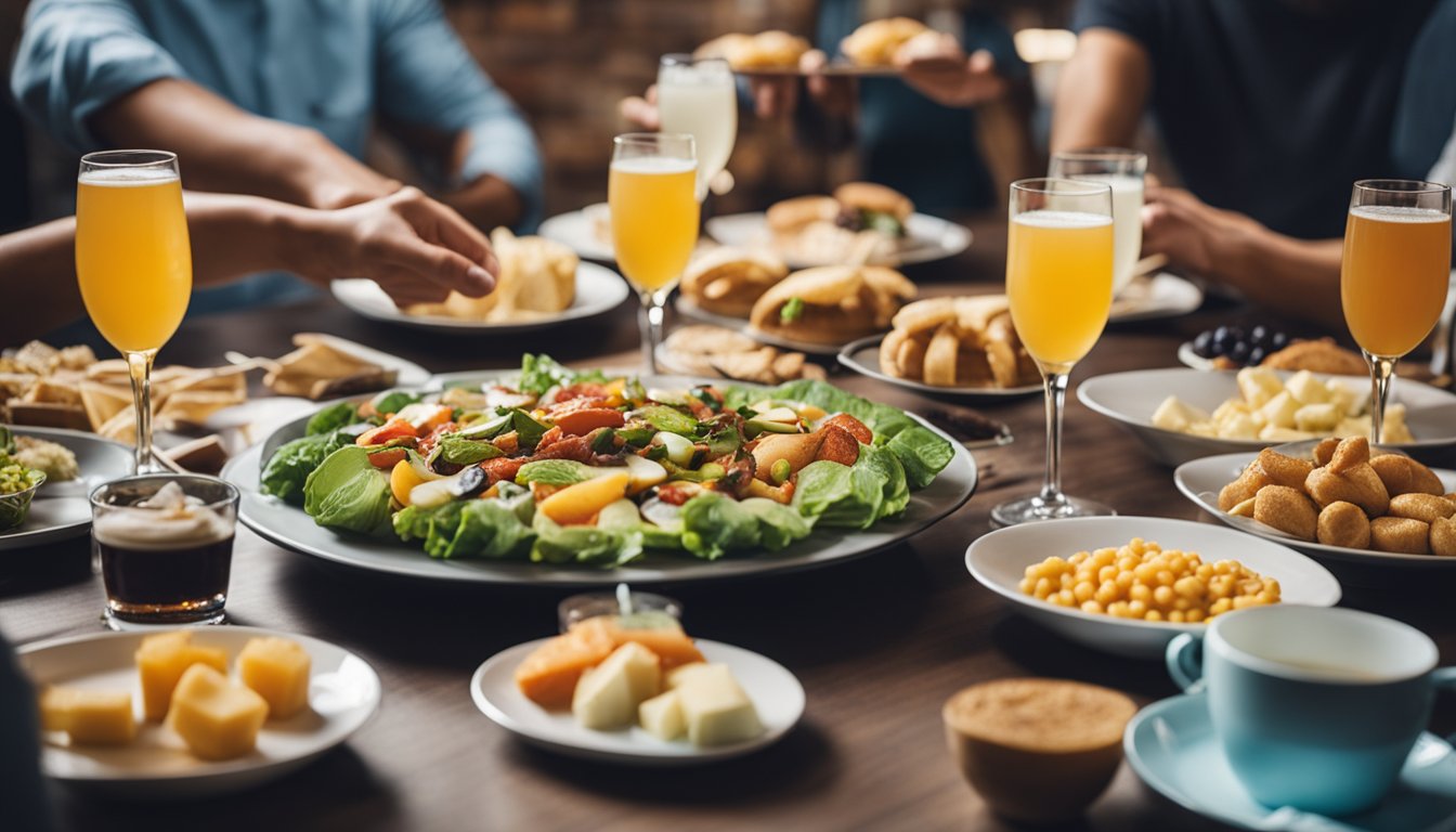 A table with various food and drinks, surrounded by virtual party game ideas for birthday celebrations