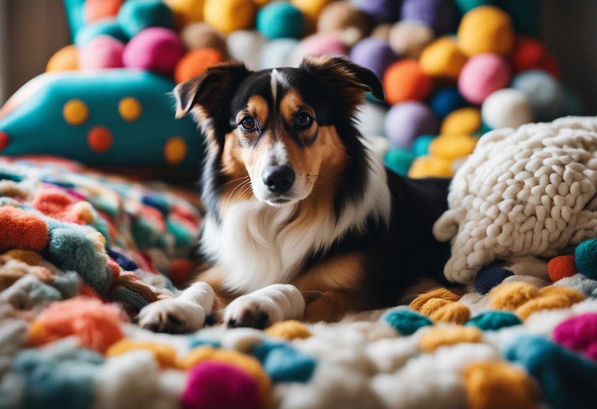 A cozy dog bed with a fluffy blanket, surrounded by colorful crafting materials and tools. A wagging tail and paw prints add a playful touch