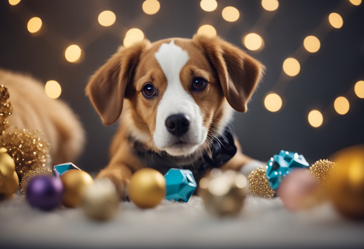 A dog playing with homemade interactive toys, surrounded by DIY dog-themed decorations