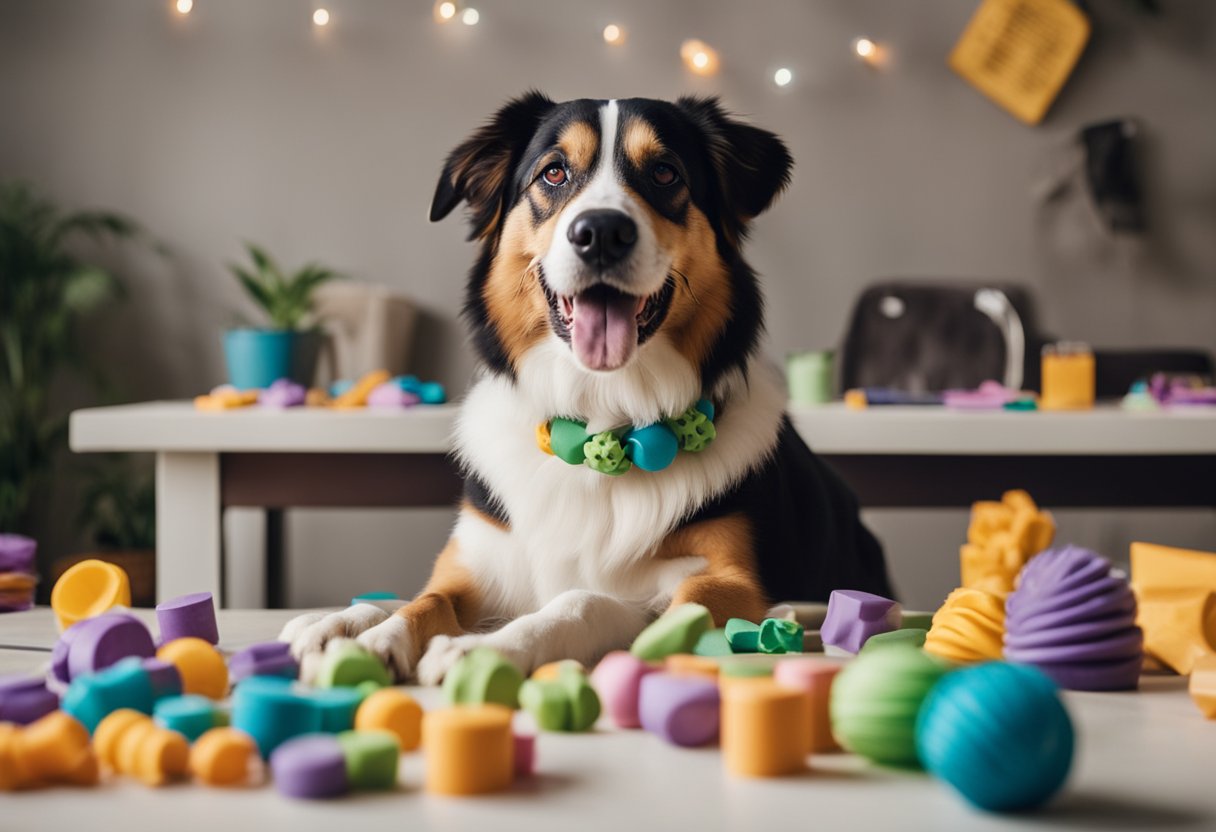 A happy dog sits next to a table filled with DIY dog toys and treats. A dog lover smiles while crafting a personalized dog collar