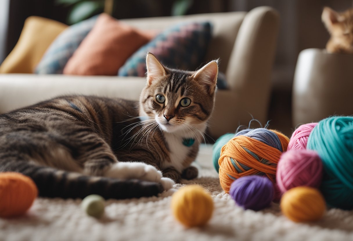 A cozy living room with a table covered in colorful yarn, fabric, and craft supplies. A kitten plays with a handmade toy while a cat lounges nearby