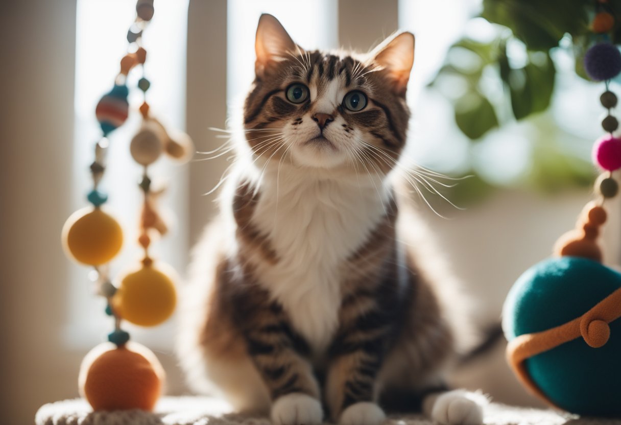 A cozy cat tree stands in a sunlit room, adorned with dangling toys and soft cushions. A playful kitten climbs up while a contented cat lounges on a plush bed