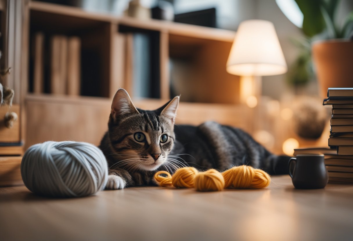 A cozy corner with cat-themed decor, books, and craft supplies. A kitten plays with yarn while a person creates homemade cat toys