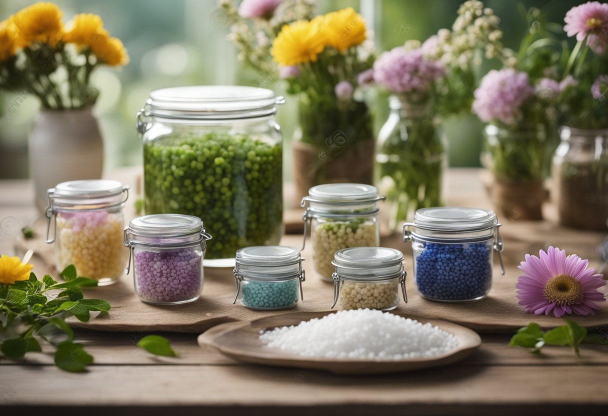 A table is set with flowers, silica gel, and airtight containers. Instructions for preserving flowers are laid out nearby