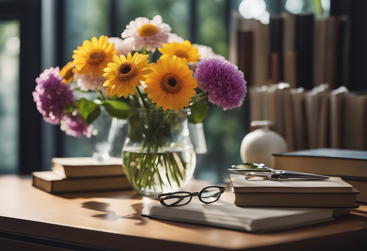 Vibrant flowers arranged in a glass vase, surrounded by books on preservation techniques. A small bowl of water and a pair of scissors sit nearby